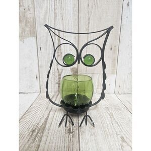 Vintage Metal Owl Votive Candleholder BLACK W‎ Green Glass Cup Marble Eyes